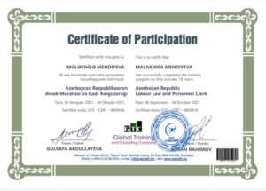 Мехтиева Мелекниса, специалист по кадрам Кешикчидагского Государственного историко-культурного заповедника, присоединилась к учебной программе «Трудовой Кодекс и Кадровое Делопроизводство Азербайджанской Республики», организованной Global Training and Consulting Company, успешно завершила ее и получила Сертификат. Мехтиева Мелекниса, специалист по кадрам Кешикчидагского Государственного историко-культурного заповедника, присоединилась к учебной программе «Трудовой Кодекс и Кадровое Делопроизводство Азербайджанской Республики», организованной Global Training and Consulting Company, успешно завершила ее и получила Сертификат.