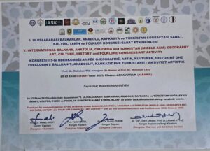 20–22 oktyabr 2025-ci il tarixlərində Albaniya Respublikasının Elbasan şəhərində “Balkan, Anadolu, Qafqaz və Türkistan coğrafiyası: incəsənət, mədəniyyət, tarix və folklor” mövzusunda V Beynəlxalq Konfrans və sərgi keçirilmişdir. 20–22 oktyabr 2025-ci il tarixlərində Albaniya Respublikasının Elbasan şəhərində “Balkan, Anadolu, Qafqaz və Türkistan coğrafiyası: incəsənət, mədəniyyət, tarix və folklor” mövzusunda V Beynəlxalq Konfrans və sərgi keçirilmişdir.